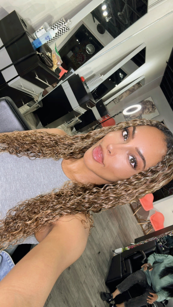 Exotic Curly V Part Clip and Go Wig Black Roots with Blonde &Black Highlights - Hairstyles by Eden