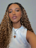 Exotic Curly V Part Clip and Go Wig Light Brown base color with Blonde Highlights